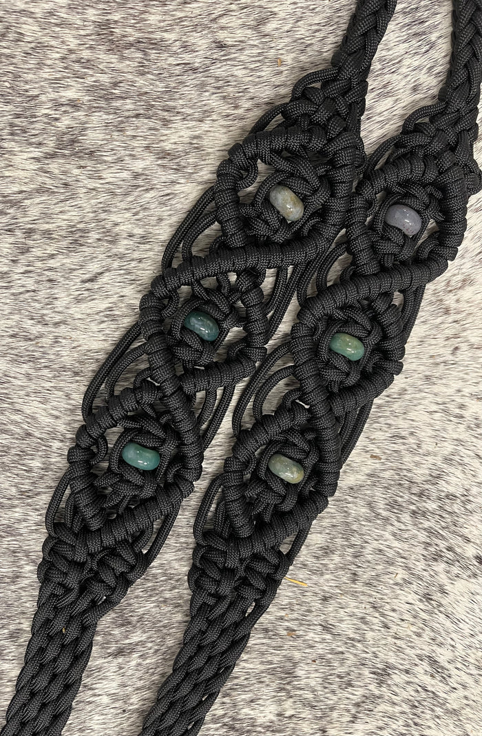 Fancy braided split reins in black with genuine Indian agate gemstones...beautiful yet practical - Tiffanys Braided Tack LLC