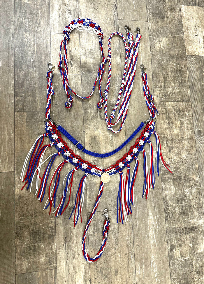 Red white and blue fancy macrame  fringe breast collar with matching bridle, wither strap, and barrel reins
