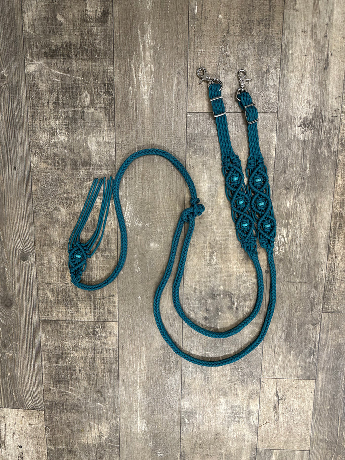 8' Fancy  braided beaded teal loop reins with turquoise howlite and a romal. - Tiffanys Braided Tack LLC