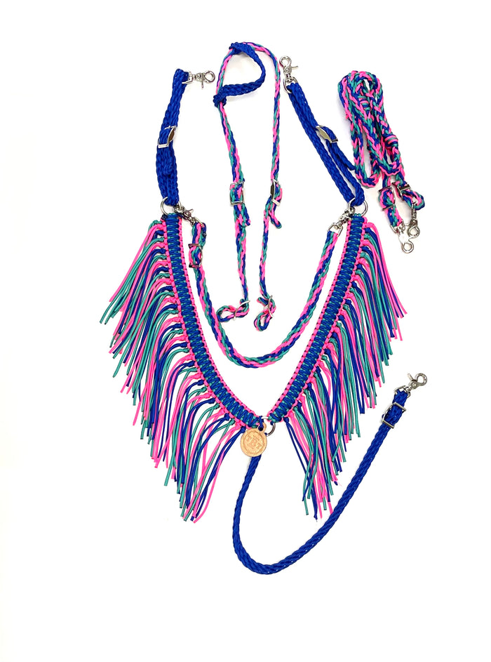 Electric blue green turquoise and hot pink fringe  Tack set - Tiffanys Braided Tack LLC