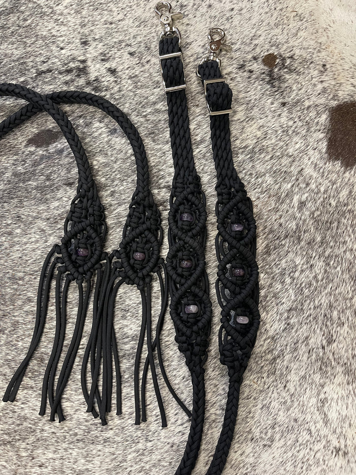 Black Beaded amethyst Browband Headstall with a fancy braided browband with matching reins....all sizes. - Tiffanys Braided Tack LLC