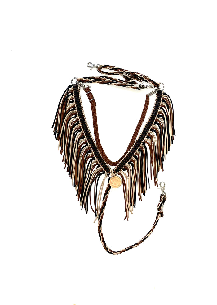 Black brown and tan fringe breast collar with a wither strap - Tiffanys Braided Tack LLC