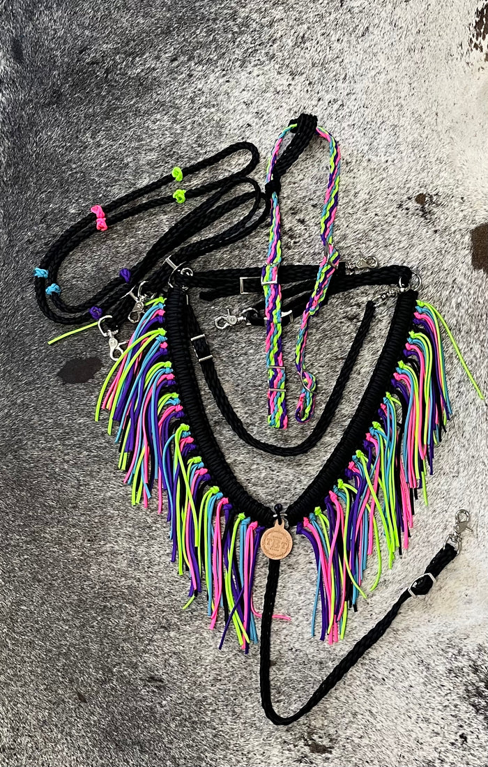 Fringe Breast Collar horse tack set  Neon and Black - Tiffanys Braided Tack LLC