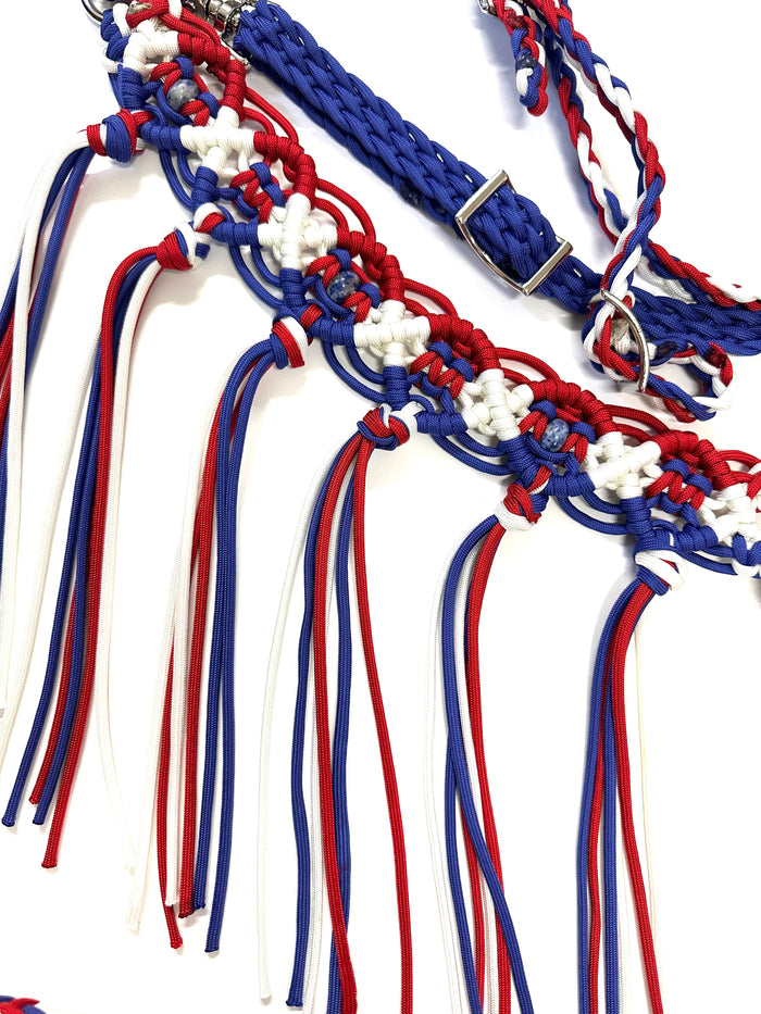 Red white and blue fancy macrame  fringe breast collar with matching bridle, wither strap, and barrel reins