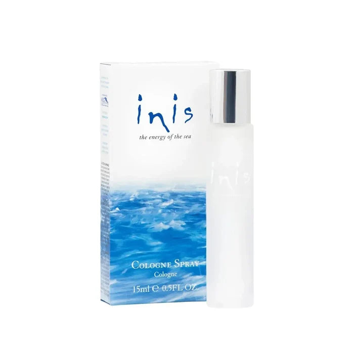 Inis Cologne Spray travel size bottle and packaging, labeled as 'The Energy of the Sea' with a capacity of 15ml.