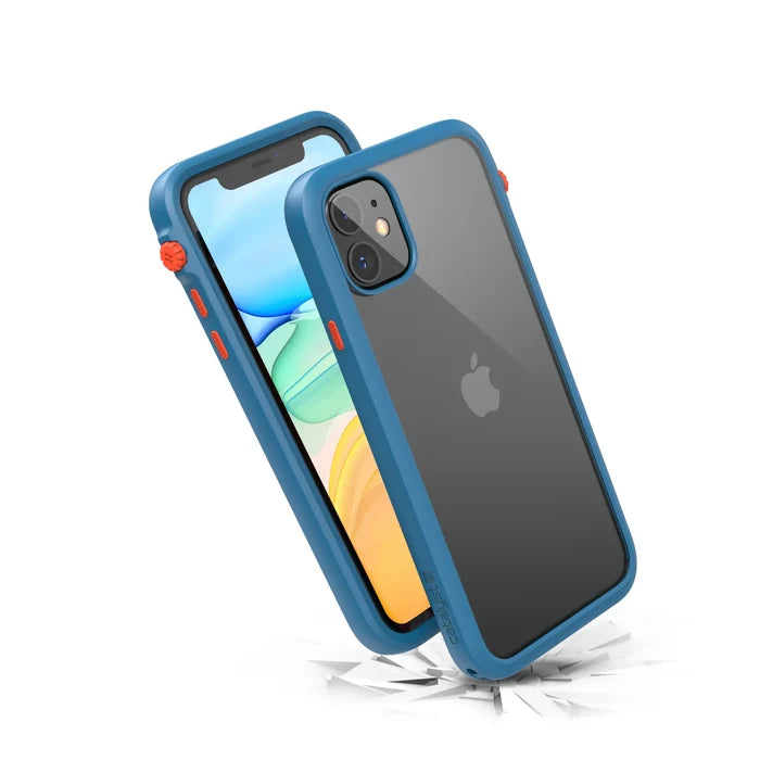 The Catalyst Case US iPhone 11 - Impact Protection Case is blue with red accents, has a clear back for the Apple logo, supports wireless charging, and is shown hovering above a cracked surface to demonstrate MIL-STD 810G drop protection.