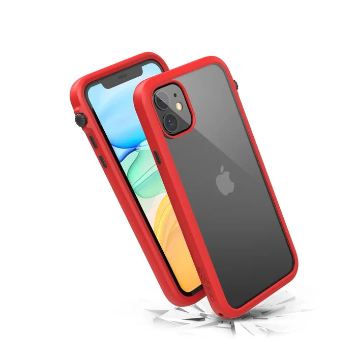 The Catalyst Case US iPhone 11 - Impact Protection Case is shown in red; its vibrant screen faces forward while the transparent back displays the Apple logo, highlighting drop proof protection as it appears to fall onto a shattered white surface.