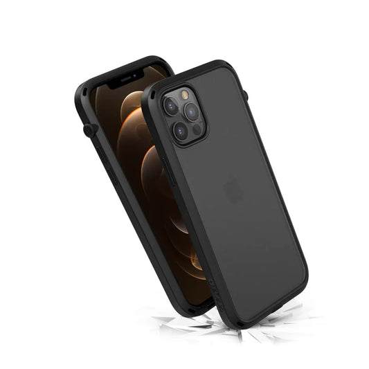 Two Catalyst Case US iPhone 12 / 12 Pro Influence cases in blackÃƒÂ¢Ã¢â€šÂ¬Ã¢â‚¬Âone showing the screen, the other revealing its triple-camera backÃƒÂ¢Ã¢â€šÂ¬Ã¢â‚¬Âfloat above shattered white fragments, highlighting their MIL-STD 810G drop-proof protection against a plain white background.