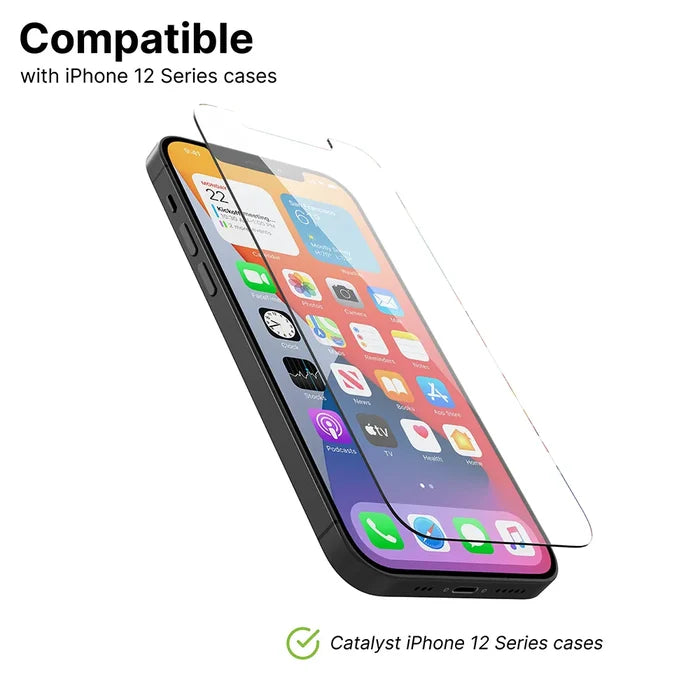 A Catalyst Case US Tempered Glass Screen Protector is shown above a black iPhone 12 Pro Max with colorful apps, highlighting compatibility. Text reads, "Compatible with iPhone 12 Series cases," and a green checkmark approves Catalyst iPhone 12 Series cases.