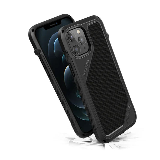 The Catalyst Case US Vibe Case for iPhone 12 Pro Max is a rugged black cover with textured grip and reinforced edges, offering excellent impact protection while exposing the rear camera and screen to highlight its shock resistance.