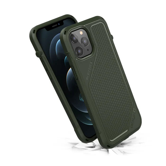 The Catalyst Case US Vibe Case for iPhone 12 Pro Max, shown in dark green from two angles, features a textured back, reinforced corners, and a honeycomb grip pattern for durability and impact protection. One image shows the screen, the other shows the camera.