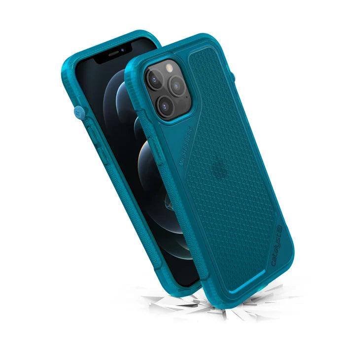 Two iPhone 12 Pro Max devices in Catalyst Case US Vibe Cases, featuring rugged teal texture and reinforced cornersÃƒÂ¢Ã¢â€šÂ¬Ã¢â‚¬Âone upright, one leaning behindÃƒÂ¢Ã¢â€šÂ¬Ã¢â‚¬Âshowcasing enhanced drop protection on cracked surfaces.