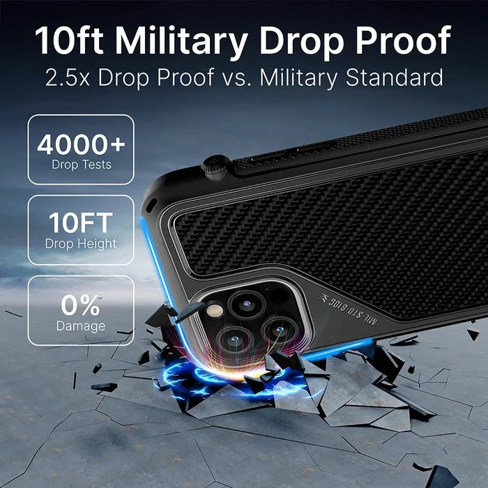 The Catalyst Case US Vibe Case for iPhone 12 Pro Max survives over 4,000 drops from 10ft with zero damage—2.5x tougher than military standard. Blue lines highlight impact while the rugged textured black case shows its strength.