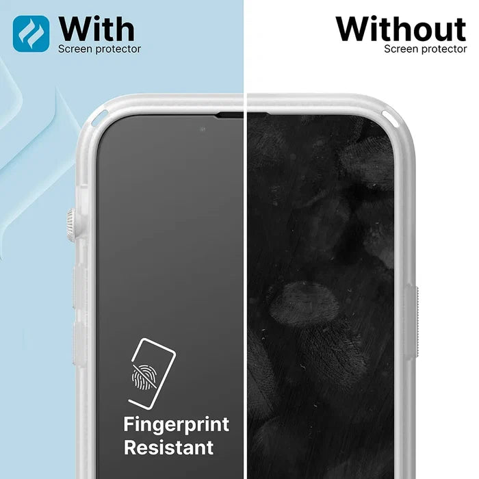 An iPhone 12 Pro/12 split in half: left side with Catalyst Case US Tempered Glass Screen Protector is clean and fingerprint-resistant; right side without it shows visible fingerprints.