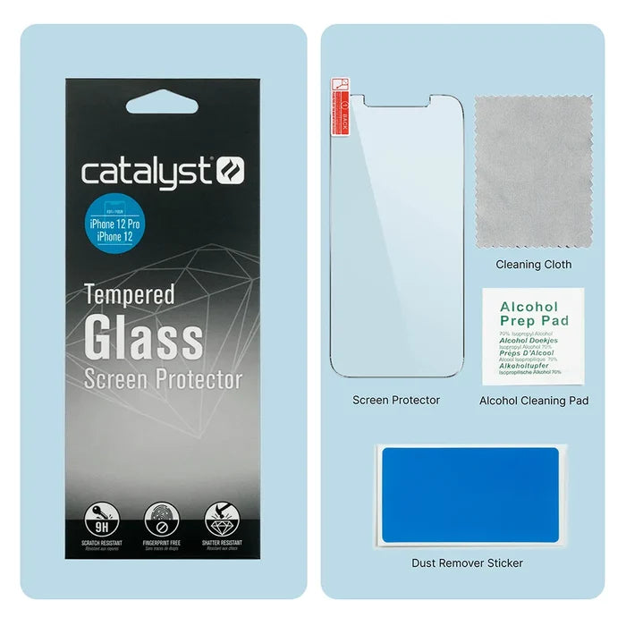 The Catalyst Case US iPhone 12 Pro/12 Tempered Glass Screen Protector kit is shown, including the product box, glass protector, cleaning cloth, alcohol prep pad, and a dust remover sticker—each item neatly arranged.