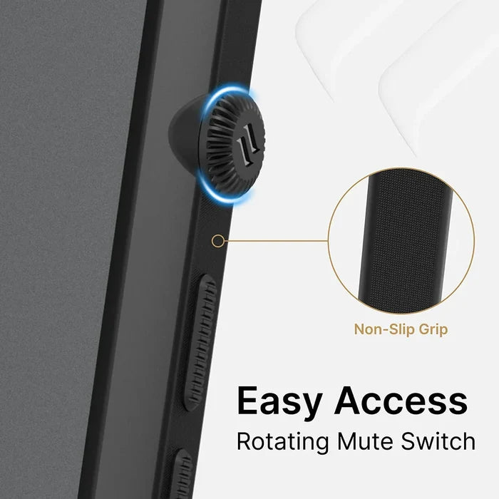 A close-up of the Catalyst Case US Influence Case for iPhone 13 shows a rotating mute switch with a textured, non-slip grip. An inset highlights its drop-proof design. Text: ÃƒÂ¢Ã¢â€šÂ¬Ã…â€œEasy Access Rotating Mute SwitchÃƒÂ¢Ã¢â€šÂ¬Ã‚Â and ÃƒÂ¢Ã¢â€šÂ¬Ã…â€œNon-Slip Grip.ÃƒÂ¢Ã¢â€šÂ¬Ã‚Â.