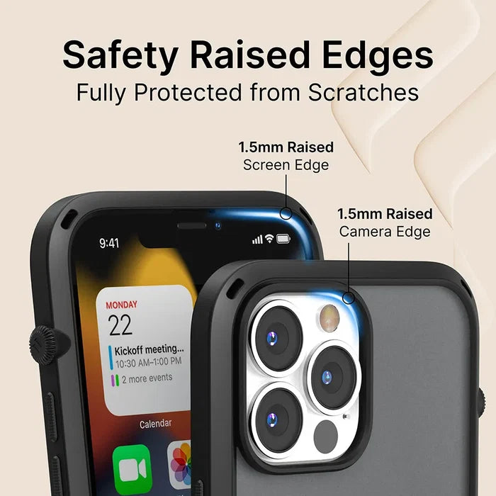 A close-up of the Catalyst Case US iPhone 13 - Influence Case shows 1.5mm raised edges around the screen and camera, with text highlighting "Safety Raised Edges" and "Drop Proof." App icons and a calendar event appear on the display.