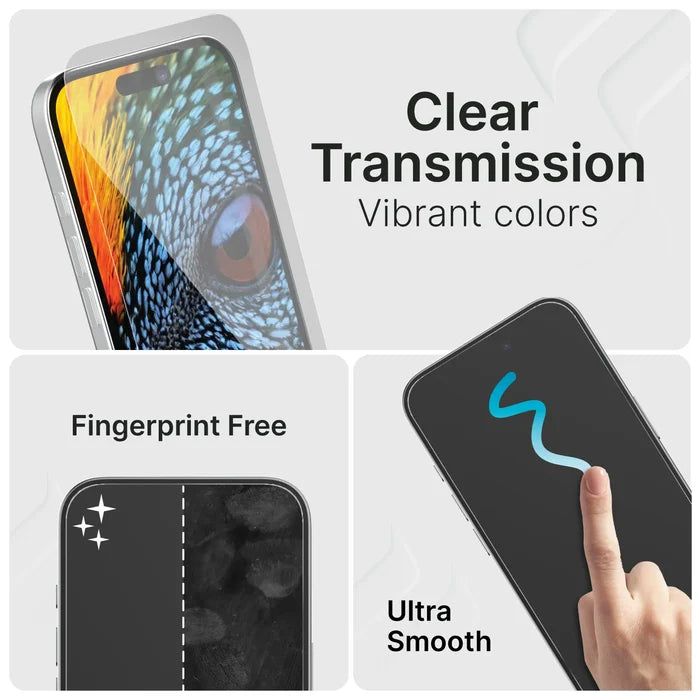 Collage of Catalyst Case US iPhone 13 mini Tempered Glass Screen Protector: Top shows clear, vibrant animal eye image with "Clear Transmission, Vibrant Colors." Bottom left: "Fingerprint Free." Bottom right: finger swipes on "Ultra Smooth" screen.