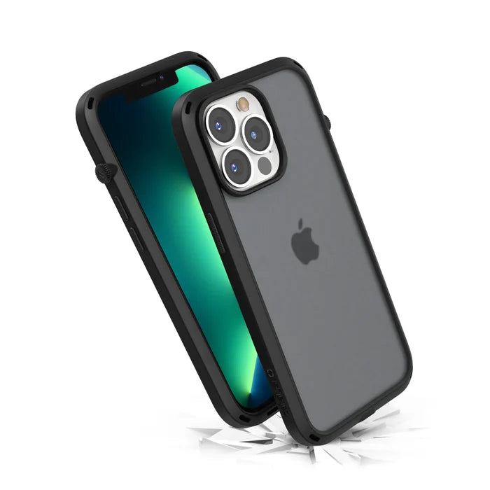 The Catalyst Case US Influence Case for iPhone 13 Pro in Stealth Black features a black frame and a frosted transparent back that reveals the Apple logo, highlighting MIL-STD 810G drop-proof protection as it shields your device on impact.