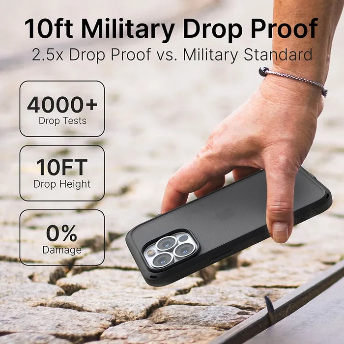 A hand drops an iPhone 13 Pro with Catalyst Case US Influence Case in black onto concrete. Text reads: "10ft MIL-STD 810G Drop Proof, 2.5x protection vs. standard," plus icons for "4000+ Drop Tests," "Wireless Charging," and "0% Damage.