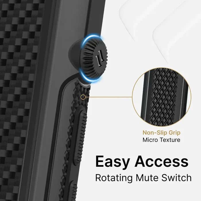 Close-up of the Catalyst Case US Vibe Case for iPhone 13 Pro, showing a rotating mute switch with non-slip micro texture. Inset highlights textured grip. Text: “Easy Access Rotating Mute Switch” and “Non-Slip Grip Micro Texture.”.