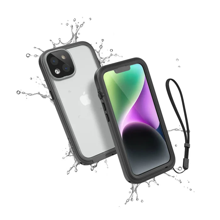 Two Catalyst Case US iPhone 14 Waterproof Cases in Stealth Black are shown with splashing water, showcasing their total protection and waterproof design. One case features a drop proof black wrist strap.