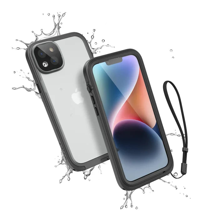 Two iPhone 14 Plus devices in Catalyst Case US Stealth Black Waterproof Cases are splashed with water, showcasing screen and Apple logo views. A detachable wrist strap highlights their total protection and full functionality everywhere.