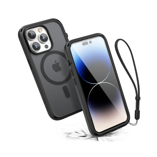 Two Catalyst Case US iPhone 14 Pro Influence Cases with MagSafe are shown in black: one displaying the screen, the other showing camera lenses and a circular MagSafe design. Both have wrist straps and cracks around them, highlighting drop protection.