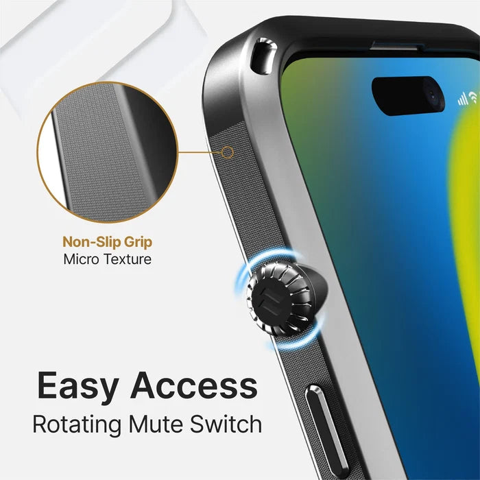 A close-up of the Catalyst Case US Influence Case for iPhone 14 Pro shows a metal design, easy-access rotating mute switch with non-slip micro texture, and MagSafe compatibility. The screen displays signal bars and a colorful gradient.