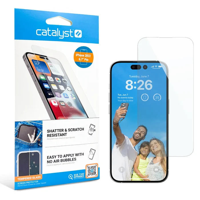 A Catalyst Case US iPhone 14 Pro Tempered Glass Screen Protector is shown in its packaging next to an iPhone displaying a family selfie.