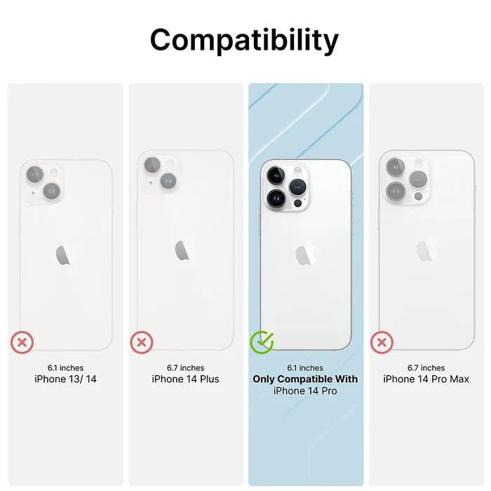 A compatibility chart shows four iPhone models by size; only the 6.1-inch iPhone 14 Pro is marked compatible with a green check for the Catalyst Case US Tempered Glass Screen Protector, while others are grayed out with red X marks for incompatibility.