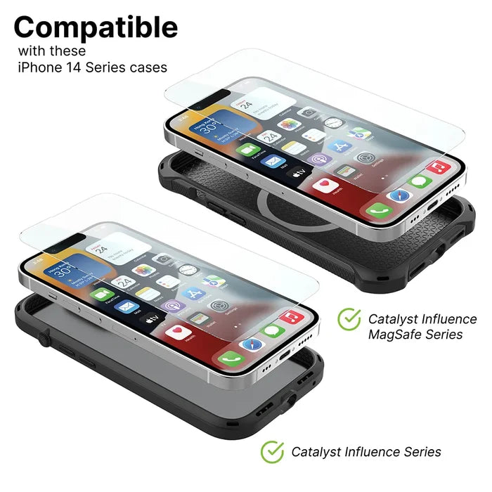 Two iPhone 14 Pros with Catalyst Case US Tempered Glass Screen Protectors are shown, each on a Catalyst case: one on the Influence MagSafe Series and one on the Influence Series.