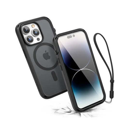 The Catalyst Case US Influence Case for iPhone 14 Pro Max in Stealth Black features a rugged build, wrist strap, transparent back for the Apple logo and MagSafe ring, and offers excellent impact resistance with visible cracking below.