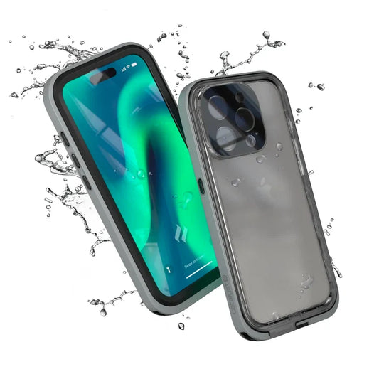 Two iPhone 15 Pro phones in Catalyst Case US Waterproof Titanium Gray cases are splashed with water, showing their waterproof and drop-proof protection. One displays a green-blue screen; the other shows the back with three camera lenses.