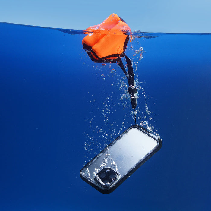 Catalyst iPhone 15 Pro waterproof case total protection attached to a orange wrist floating lanyard