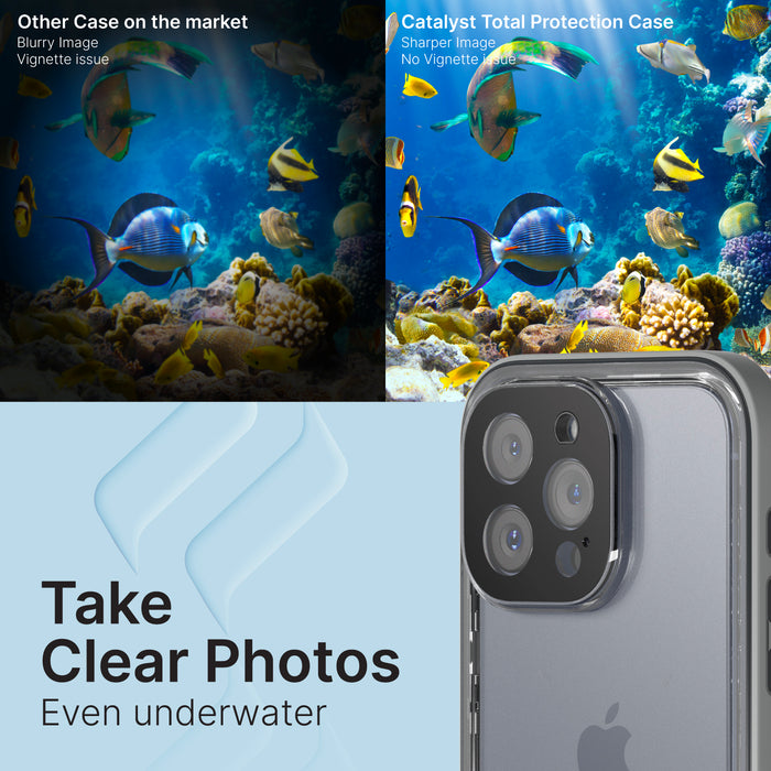 Catalyst iPhone 15 Pro waterproof case total protection showing clear photos taken underwater in titanium gray text reads take clear photos even under water