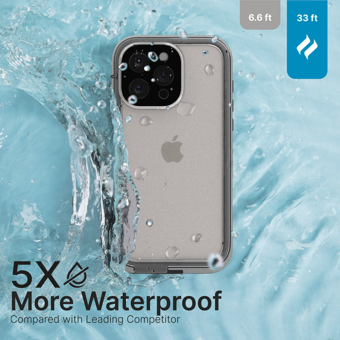 Catalyst iPhone 15 Pro Max showing how waterproof the case is text reads 5x more waterproof compared with leading competitors