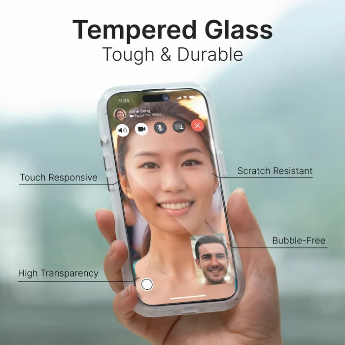A hand holds an iPhone 16 on a video call. Text highlights Catalyst Case US Tempered Glass Screen Protector features: Touch Responsive, Scratch Resistance, Bubble-Free, High Transparency. Background is blurred outdoors.