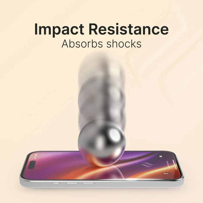 A metal ball is about to hit a smartphone screen, highlighting Catalyst Case US’s iPhone 16 / 15 Pro / 15 Tempered Glass Screen Protector’s impact and scratch resistance. “Impact Resistance” and “Absorbs shocks” appear on a beige background.