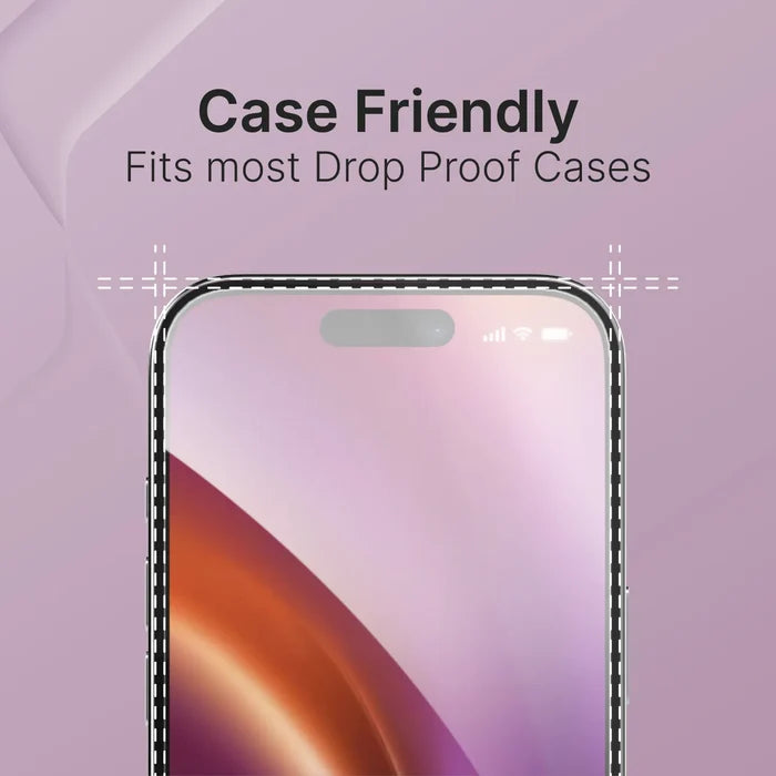 A close-up shows the iPhone 16 Pro - Tempered Glass Screen Protector by Catalyst Case US on a purple background. Dashed lines highlight case compatibility, with text: “Case Friendly: Fits most Drop Proof Cases and Catalyst screen protector.”.