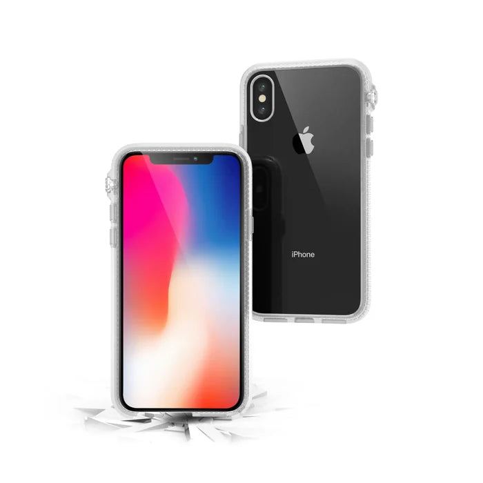 Two iPhone X / Xs phones in Catalyst Case US Impact Protection Cases are shown: one displays the vibrant home screen, while the other shows the Apple logo. Cracks underneath highlight the drop proof MIL-STD 810G protection.