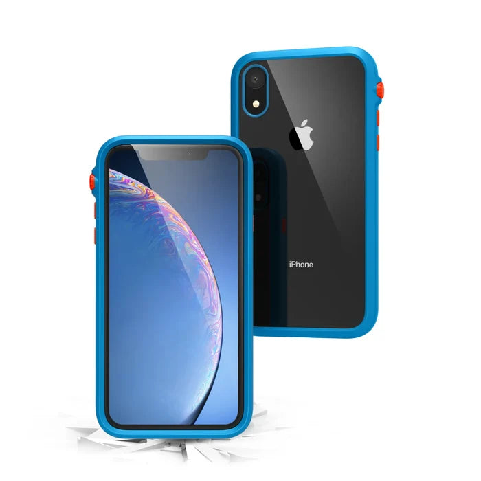 Two iPhone XRs in blue Catalyst Case US Impact Protection Cases are shownÃƒÂ¢Ã¢â€šÂ¬Ã¢â‚¬Âone displays a vibrant screen, the other reveals the back with the Apple logo. Both stand upright on a cracked surface, highlighting their MIL-STD 810G Drop Proof durability.