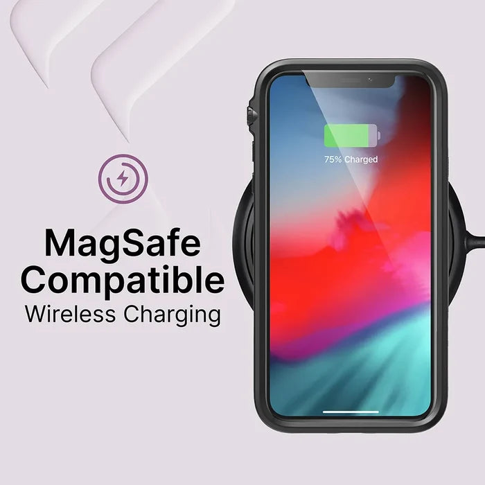 An iPhone XR with a vibrant screen shows a green 75% battery icon while wirelessly charging on a MagSafe charger. The left text reads, “MagSafe Compatible Wireless Charging” beside the Catalyst Case US Impact Protection Case.