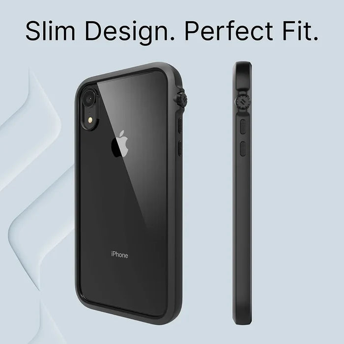 The Catalyst Case US Impact Protection Case for iPhone XR is shown from the back and side against a light blue background. Above the phone, black text reads, "Slim Design. Perfect Fit." The slim case closely fits and highlights the phone’s thin profile.