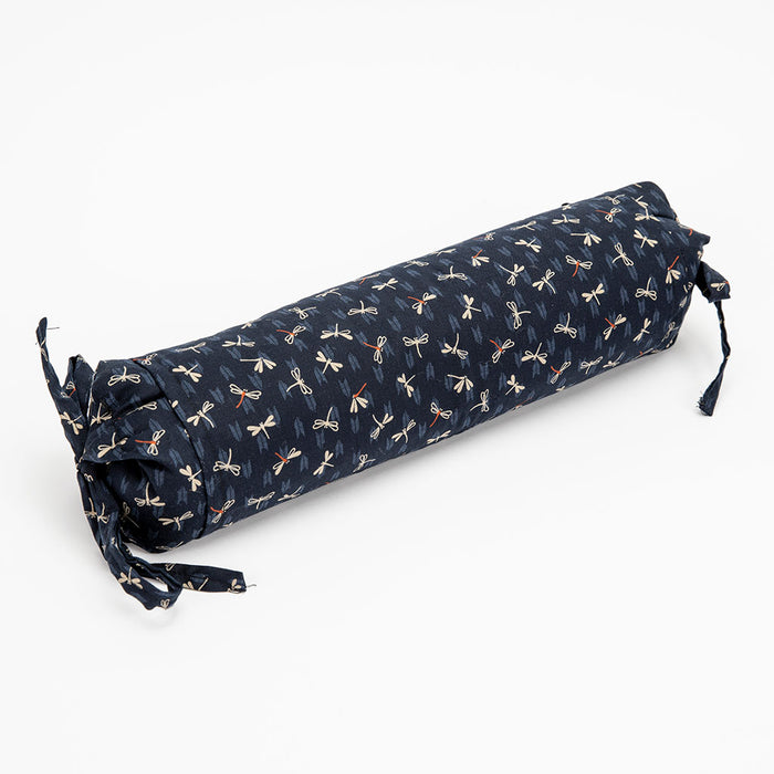 Buckwheat neckroll pillow with dragonfly pattern on a white background