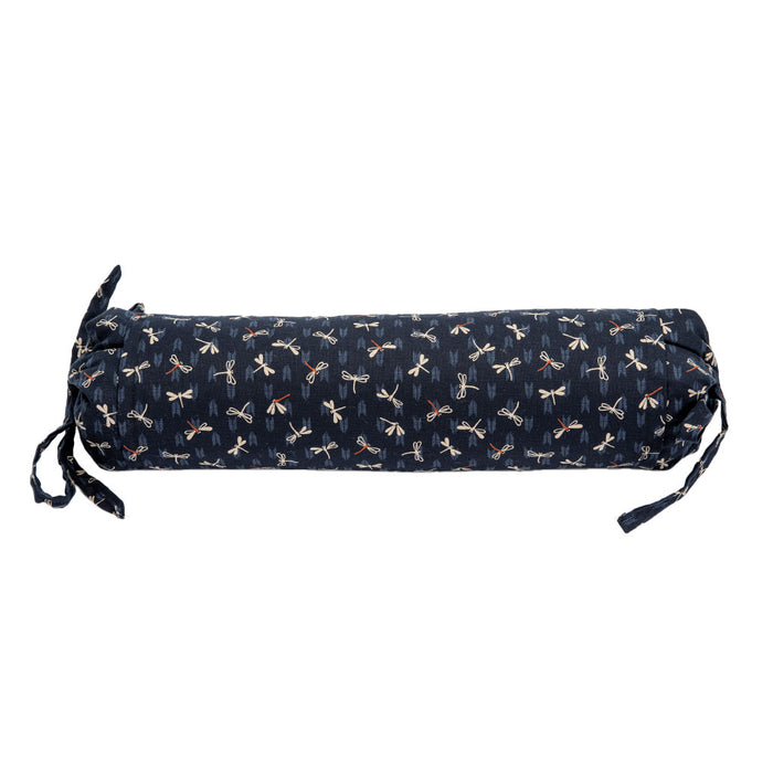 Navy cylindrical pillow with dragonfly pattern on a white background
