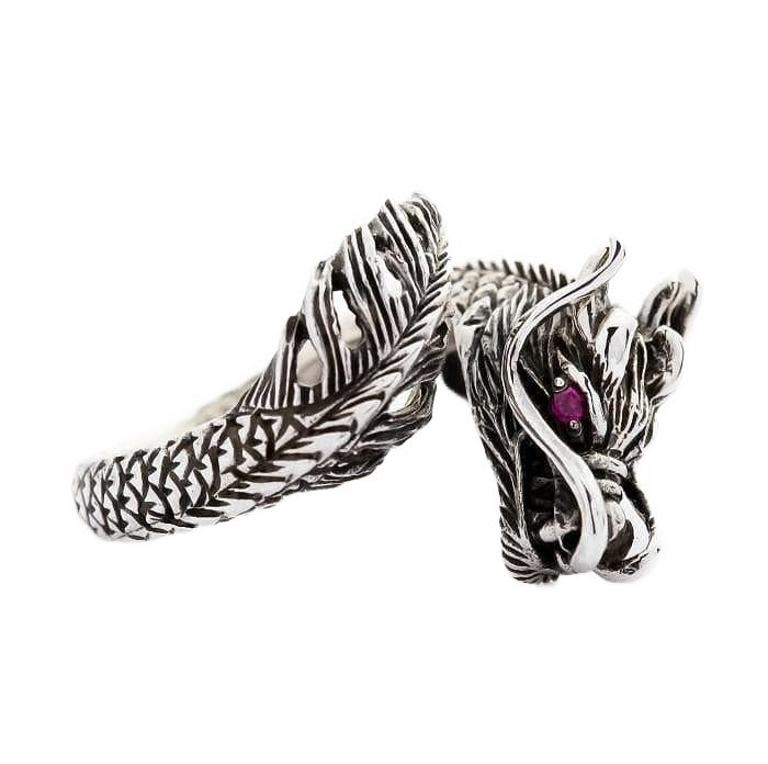 Japanese dragon ring silver with red stone eyes side view