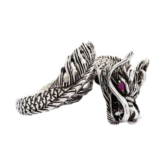 Japanese dragon ring silver with red stone eyes side view