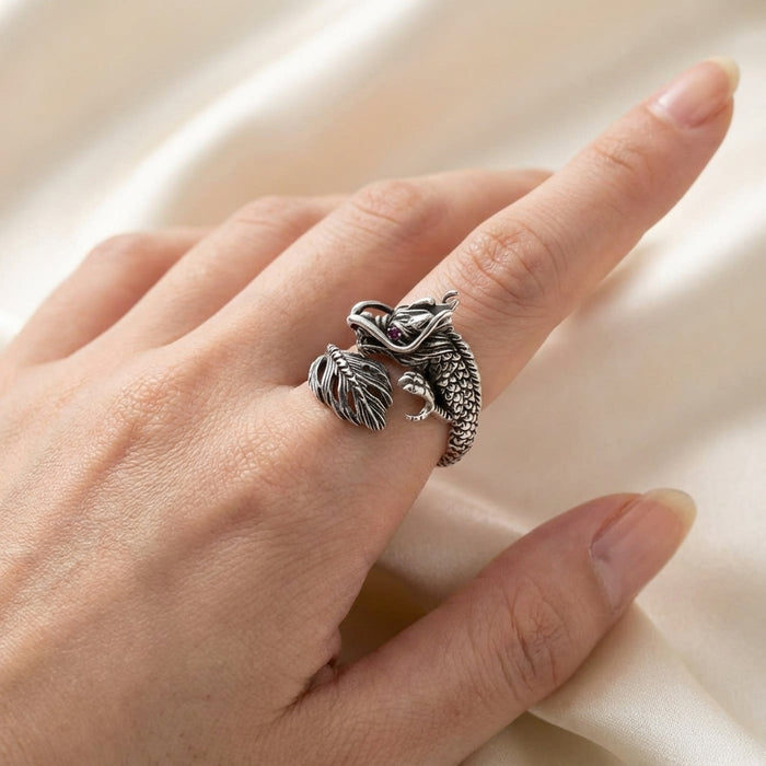 Japanese dragon ring worn on finger for size reference