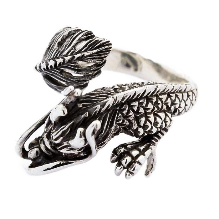 Top view of sterling silver dragon wrap ring showing scales